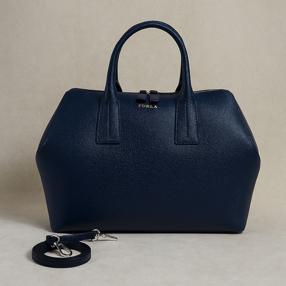 NEW Furla Papermoon Navy Blue Saffiano Leather Top Handle Satchel/Shoulder Bag - Picture 2 of 14